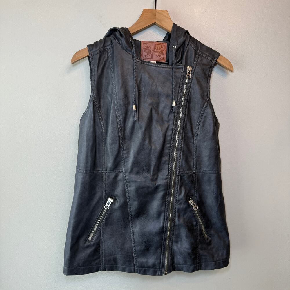 Miss London Women's Faux Leather Zip Hoodie Vest Dark Gray Size Large
